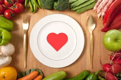 Heart on a Plate surrounded by veggies